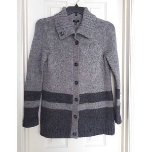 Talbots Cardigan Sweater Grey Confetti Knit Button Up Long Sleeve Colorblock MP